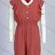 Wholesale Women's Elegant Plain Crew Neck Shirred Button Decor Ruffle Trim Romper 1803# Orange Clothing Wholesale Market Liuhua