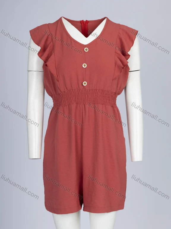 Wholesale Women's Elegant Plain Crew Neck Shirred Button Decor Ruffle Trim Romper 1803#