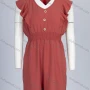Wholesale Women's Elegant Plain Crew Neck Shirred Button Decor Ruffle Trim Romper 1803# preview