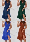 Wholesale Women's Casual Plain V Neck Ruffle Trim Midi Dress With Belt - Liuhuamall