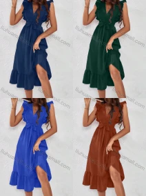 Wholesale Women's Casual Plain V Neck Ruffle Trim Midi Dress With Belt, LIUHUA CLOTHING WHOLESALE