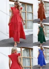 Wholesale Women's Casual Plain Notched Neck Ruched Ruffle Sleeve Maxi Dress - Liuhuamall