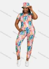 Wholesale Women's 3 Piece Silm Fit Allover Tie Dye Print T-Shirt & Cropped Pants Set With Bucket Hat 28172# - Liuhuamall