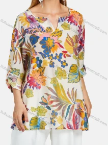 Wholesale Women's Casual Notched Neck Long Sleeve Plant Print Blouse, LIUHUA CLOTHING WHOLESALE