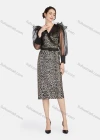 Wholesale Women's Elegant Leopard Print Mesh Splicing Wrap V Neck Lantern Sleeve Midi Dress With Belt - Liuhuamall