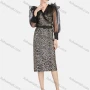 Wholesale Women's Elegant Leopard Print Mesh Splicing Wrap V Neck Lantern Sleeve Midi Dress With Belt preview