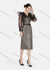 Wholesale Women's Elegant Leopard Print Mesh Splicing Wrap V Neck Lantern Sleeve Midi Dress With Belt - Liuhuamall