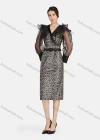 Wholesale Women's Elegant Leopard Print Mesh Splicing Wrap V Neck Lantern Sleeve Midi Dress With Belt - Liuhuamall