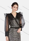Wholesale Women's Elegant Leopard Print Mesh Splicing Wrap V Neck Lantern Sleeve Midi Dress With Belt - Liuhuamall