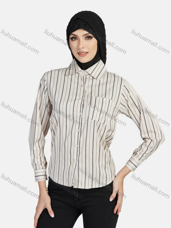 Wholesale Women's Casual Shirt Collar Striped Button Down Shirt Without Hijab