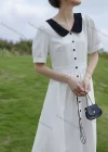 Wholesale Women's Peter Pan Collar Lantern Sleeve Buttons Ruffle Hem Midi Dress AY166# - Liuhuamall