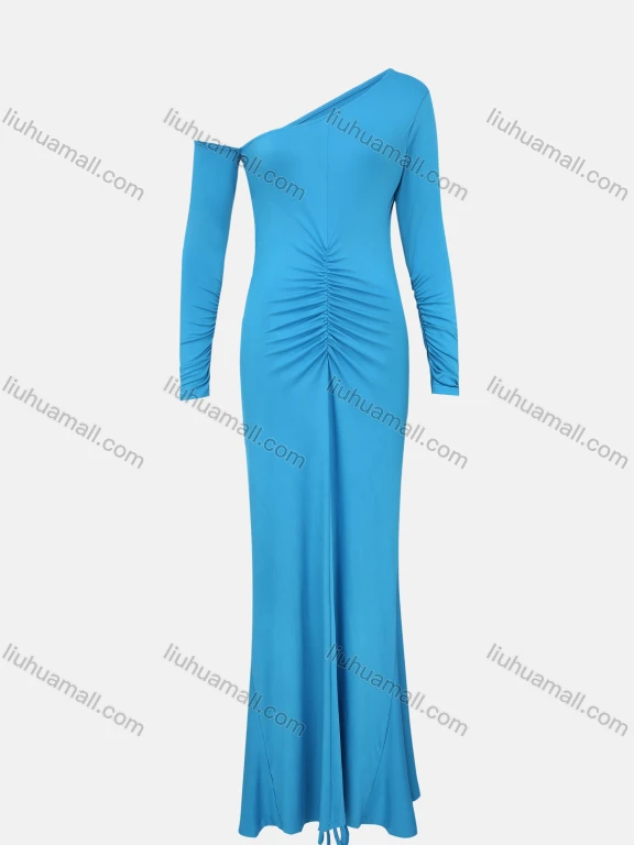 Wholesale Women's Elegant One Shoulder Long Sleeve Drawstring Ruched Slit Sexy Maxi Dress