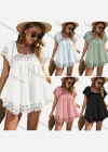 Wholesale Woman's Casual Square Neck Batwing Sleeve Guipure Lace Ruffle Swing Top - Liuhuamall