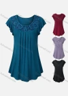 Wholesale Woman's Casual Round Neck Batwing Sleeve Guipure Lace Ruffle Hem Top - Liuhuamall