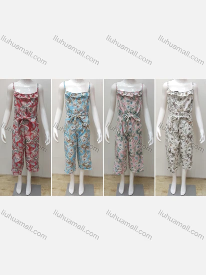 Wholesale Girls Causal Sleeveless Ruffle Trim Floral Print Jumpsuit With Belt