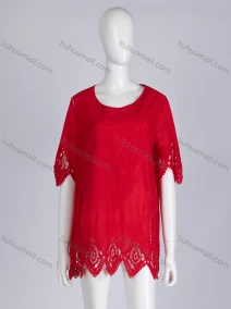 Wholesale Women's Casual Crew Neck Short Sleeve Blouse Embroidered Hollow Out Lace Tunic, LIUHUA CLOTHING WHOLESALE