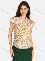 Wholesale Women's Casual Allover Print Notched Neck Cap Sleeve Blouse, LIUHUA CLOTHING WHOLESALE