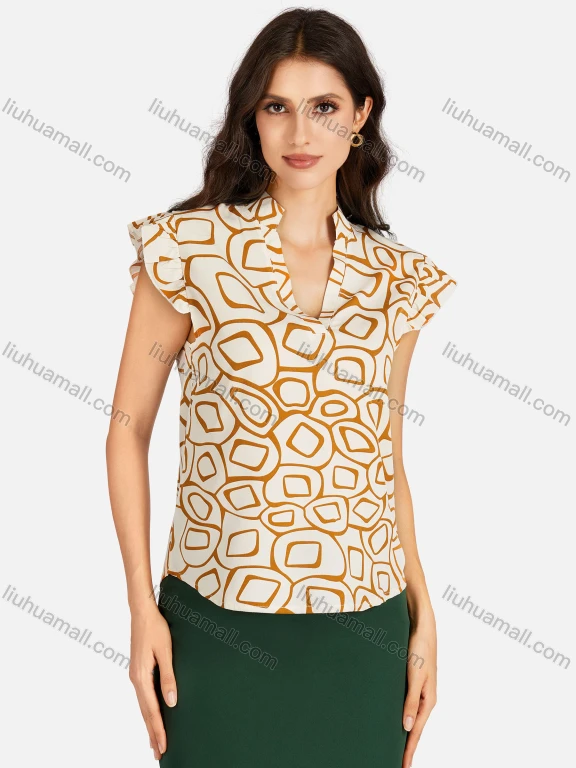 Wholesale Women's Casual Allover Print Notched Neck Cap Sleeve Blouse