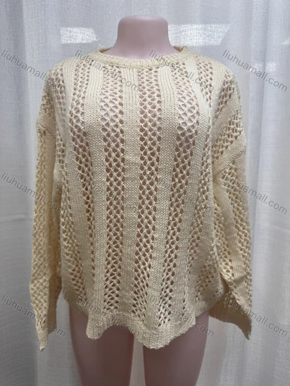 Wholesale Women's Vacation Plain Crew Neck Crochet Hollow Out Long Sleeve Cover Up Top 2464#