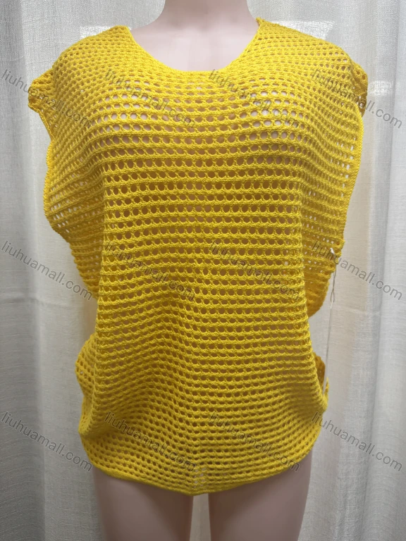 Wholesale Women's Vacation Plain Crew Neck Hollow Out Cap Sleeve Cover Up Top 3045#