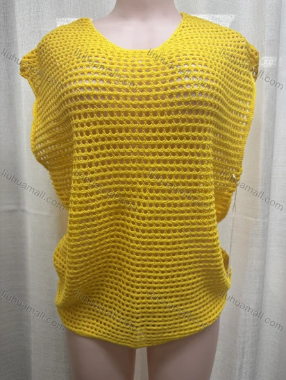 Wholesale Women's Vacation Plain Crew Neck Hollow Out Cap Sleeve Cover Up Top 3045#
