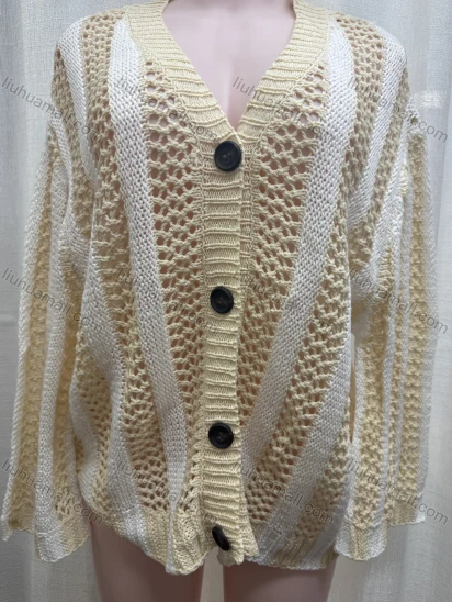 Wholesale Women's Vacation Striped V Neck Hollow Out Long Sleeve Button Down Cover Up Cardigan GST207A#