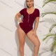 Wholesale Women's Sexy Scoop Neck Short Sleeve Skinny Fit Buckle Bodysuit Wine Clothing Wholesale Market Liuhua