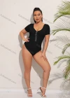 Wholesale Women's Sexy Scoop Neck Short Sleeve Skinny Fit Buckle Bodysuit - Liuhuamall