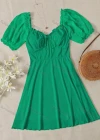 Wholesale Women's Sweetheart Neck Puff Sleeve Open Back Ruffle Trim Lace Up Plain Short Dress AY186# - Liuhuamall