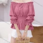 Wholesale Women's Causal Off Shoulder Poet Sleeve Ruffle Trim Plain Blouse preview