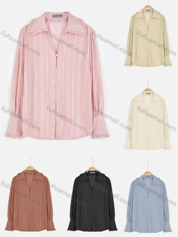 Wholesale Women's Casual Striped Turn-down Neck Pearl Button Down Cuff Shirt