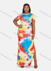 Wholesale Women's Fashion Round Neck Short Sleeve Cut Out Tie Dye Maxi Dress - Liuhuamall