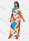 Wholesale Women's Fashion Round Neck Short Sleeve Cut Out Tie Dye Maxi Dress - Liuhuamall
