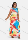Wholesale Women's Fashion Round Neck Short Sleeve Cut Out Tie Dye Maxi Dress - Liuhuamall