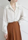 Wholesale Women's Casual Collared Long Sleeve Button Down Ruched Plain Shirts - Liuhuamall