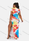 Wholesale Women's Fashion Round Neck Short Sleeve Cut Out Tie Dye Maxi Dress - Liuhuamall