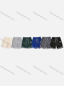 Wholesale Men's Casual Letter Patch Pocket Striped Trim Drawstring Elastic Waist Shorts 71101#, LIUHUA CLOTHING WHOLESALE