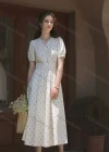 Wholesale Women's Retro V Neck Wrap Puff Sleeve Allover Heart Print Midi Dress With Belt AY132# - Liuhuamall