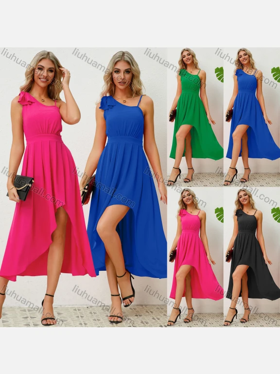 Wholesale Women's Elegant Plain Asymmetrical Neck Bow Knot Decor Ruched Pleated High Low Hem Midi Dress