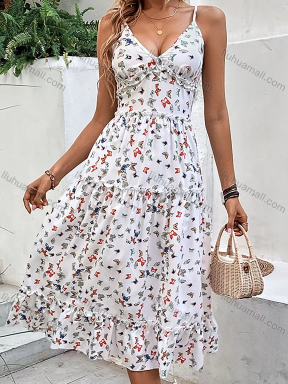 Wholesale Women's Casual Allover Butterfly Print Ruched Ruffle Trim Hem Midi Cami Dress