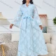 Wholesale Women's Elegant Plain Jacquard Notched Neck Long Sleeve Sequin Rhinestone Abaya Dress With Belt Light Blue Clothing Wholesale Market Liuhua
