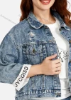 Wholesale Women's Casual Letter Embroidery Flap Pockets Ripped Button Down Distressed Crop Denim Jacket - Liuhuamall