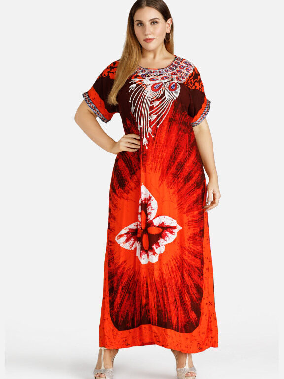 Women's Plus Size Round Neck Robe Folk Art Peacock Short Sleeve Embroidery Maxi Dress, Clothing Wholesale Market -LIUHUA, Specialty, Women-s-Muslim-Clothing