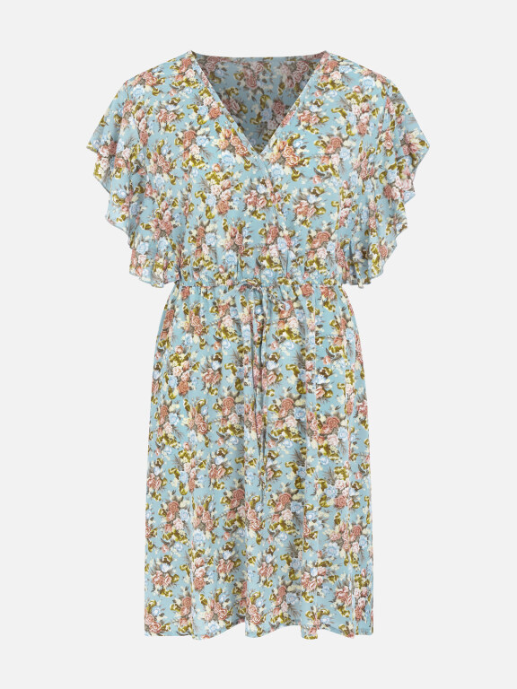 Women's V Neck Ruffle Sleeve Floral Print Drawstring Casual Short Dress, LIUHUA Clothing Online Wholesale Market, Women, Dress