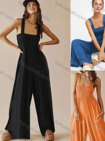 Wholesale Women's Casual Spaghetti Strap Shirred Plain Wide Leg Jumpsuits, LIUHUA CLOTHING WHOLESALE