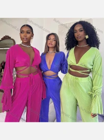 Wholesale Women's Fashion Plain Wrap V Neck Long Sleeve Lace Up Top & High Waist Ruffle Leg Ankle Length Pants 2 Piece Set, LIUHUA CLOTHING WHOLESALE