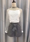 Wholesale Women's Casual Mesh Sleeve Button Down Blouse & Grid Print Shorts Set - Liuhuamall