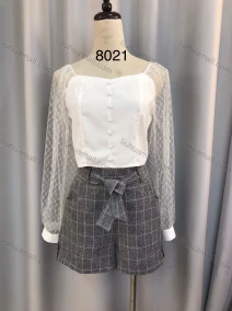 Wholesale Women's Casual Mesh Sleeve Button Down Blouse & Grid Print Shorts Set, LIUHUA CLOTHING WHOLESALE