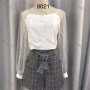 Wholesale Women's Casual Mesh Sleeve Button Down Blouse & Grid Print Shorts Set preview