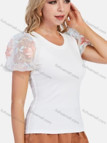 Wholesale Women's Casual Round Neck Mesh Floral Embroidery Puff Sleeve Plain Blouse, LIUHUA CLOTHING WHOLESALE